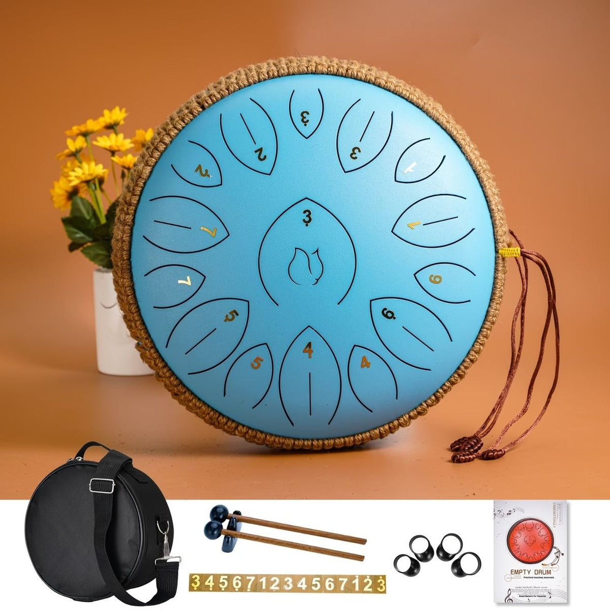 12-Inch D Major 15-Note Steel Tongue Drum, Carbon Steel Material, Petal Tongue Design, Machine-Made & Hand-Tuned, Ethereal & Melodious, Comes with Mallets, Finger Cots & Tutorial, Ideal for Meditation, Yoga & Music Enlightenment!*white