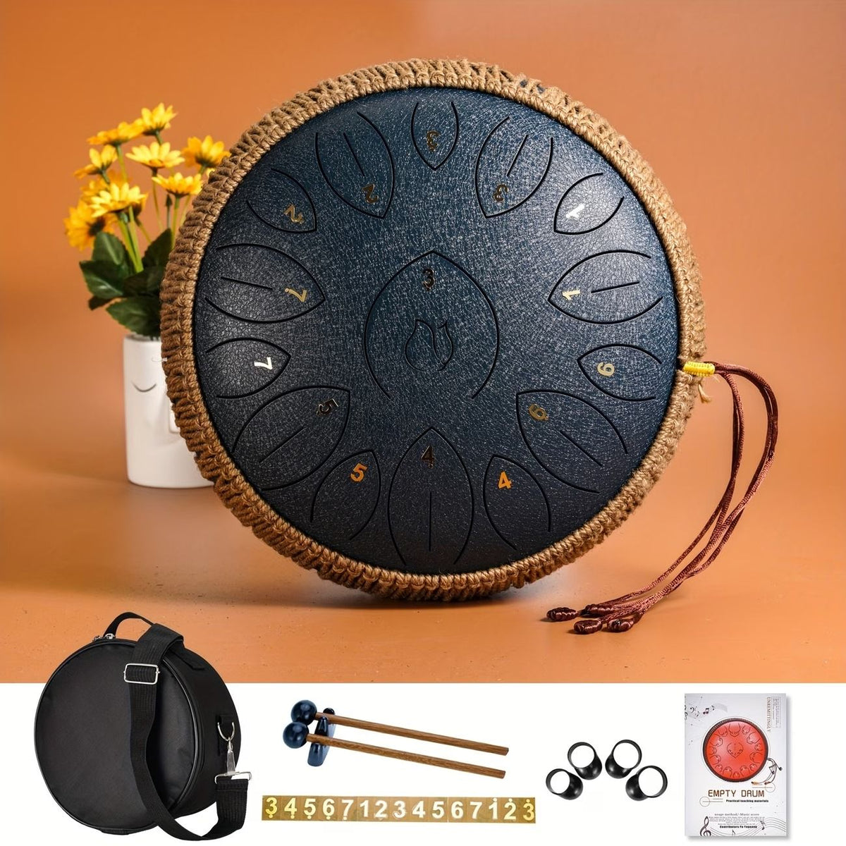 12-Inch D Major 15-Note Steel Tongue Drum, Carbon Steel Material, Petal Tongue Design, Machine-Made & Hand-Tuned, Ethereal & Melodious, Comes with Mallets, Finger Cots & Tutorial, Ideal for Meditation, Yoga & Music Enlightenment!*white