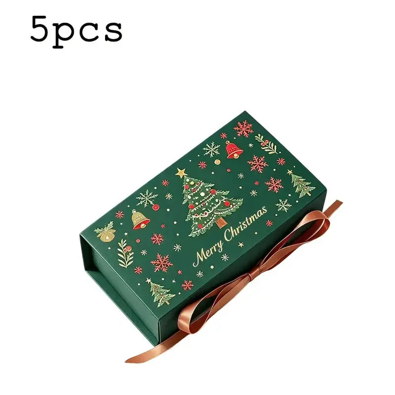 5pcs Christmas Gift Box with Ribbon, Rectangular Gift Box with Christmas Tree and Snowflake Print, Luxury Flip-Top Candy and Cookie Packaging Box, Suitable for Holiday Chocolates, Cookies, and Wedding Small Gifts./green