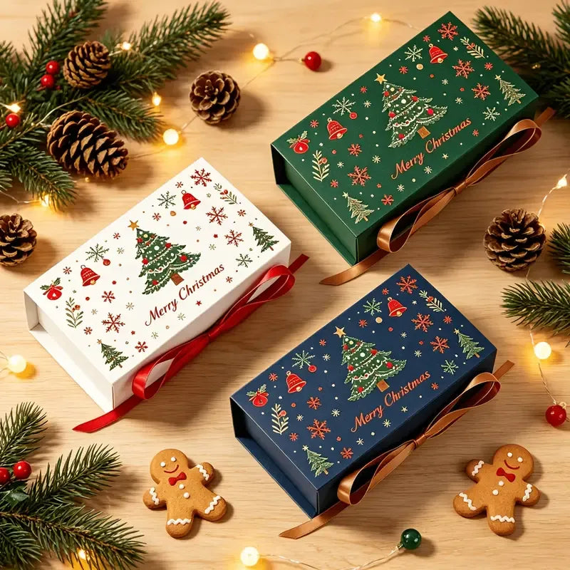 5pcs Christmas Gift Box with Ribbon, Rectangular Gift Box with Christmas Tree and Snowflake Print, Luxury Flip-Top Candy and Cookie Packaging Box, Suitable for Holiday Chocolates, Cookies, and Wedding Small Gifts./green