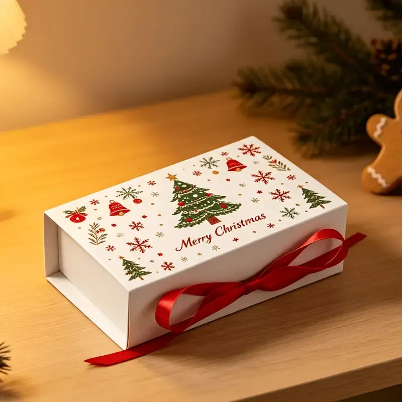 5pcs Christmas Gift Box with Ribbon, Rectangular Gift Box with Christmas Tree and Snowflake Print, Luxury Flip-Top Candy and Cookie Packaging Box, Suitable for Holiday Chocolates, Cookies, and Wedding Small Gifts./green