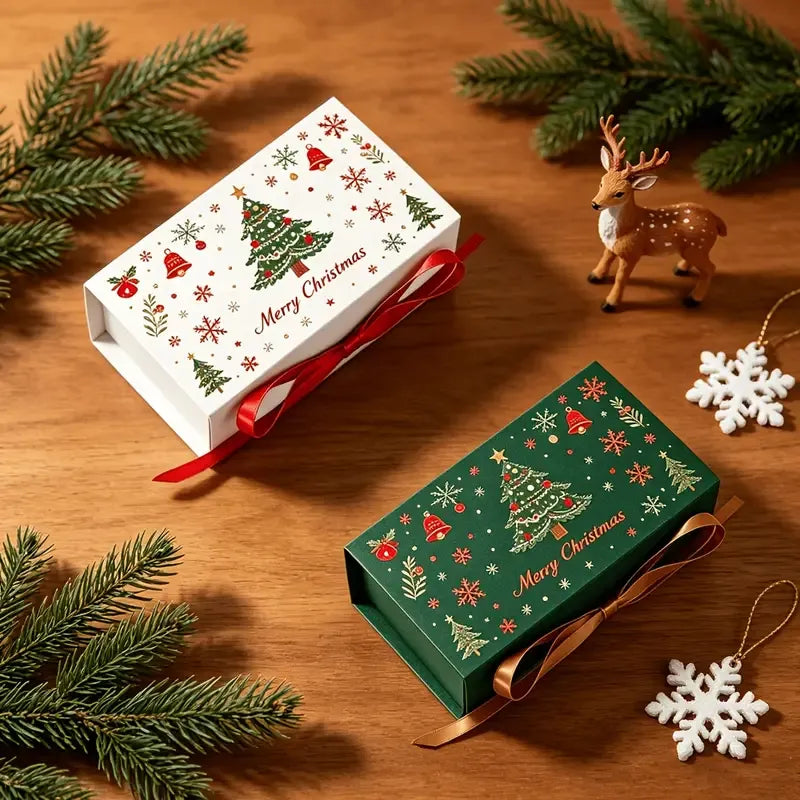 5pcs Christmas Gift Box with Ribbon, Rectangular Gift Box with Christmas Tree and Snowflake Print, Luxury Flip-Top Candy and Cookie Packaging Box, Suitable for Holiday Chocolates, Cookies, and Wedding Small Gifts./green