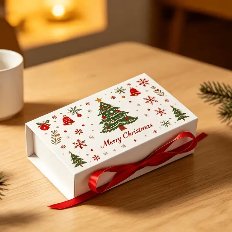 5pcs Christmas Gift Box with Ribbon, Rectangular Gift Box with Christmas Tree and Snowflake Print, Luxury Flip-Top Candy and Cookie Packaging Box, Suitable for Holiday Chocolates, Cookies, and Wedding Small Gifts./green