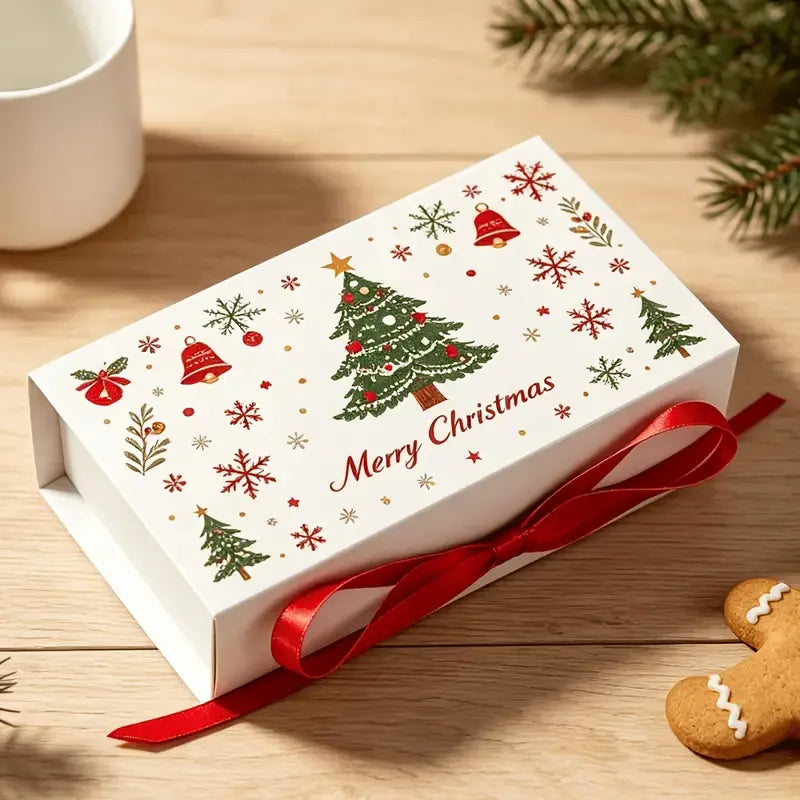 5pcs Christmas Gift Box with Ribbon, Rectangular Gift Box with Christmas Tree and Snowflake Print, Luxury Flip-Top Candy and Cookie Packaging Box, Suitable for Holiday Chocolates, Cookies, and Wedding Small Gifts./green