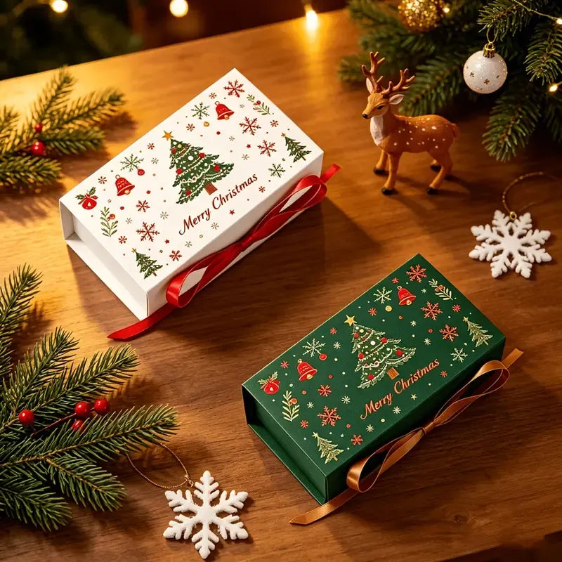 5pcs Christmas Gift Box with Ribbon, Rectangular Gift Box with Christmas Tree and Snowflake Print, Luxury Flip-Top Candy and Cookie Packaging Box, Suitable for Holiday Chocolates, Cookies, and Wedding Small Gifts./green