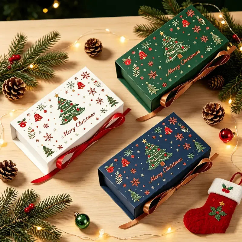 5pcs Christmas Gift Box with Ribbon, Rectangular Gift Box with Christmas Tree and Snowflake Print, Luxury Flip-Top Candy and Cookie Packaging Box, Suitable for Holiday Chocolates, Cookies, and Wedding Small Gifts./green