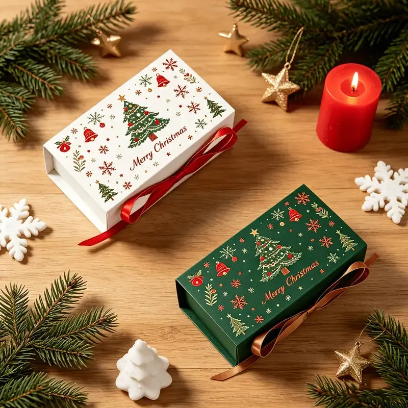 5pcs Christmas Gift Box with Ribbon, Rectangular Gift Box with Christmas Tree and Snowflake Print, Luxury Flip-Top Candy and Cookie Packaging Box, Suitable for Holiday Chocolates, Cookies, and Wedding Small Gifts./green