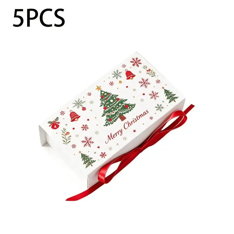 5pcs Christmas Gift Box with Ribbon, Rectangular Gift Box with Christmas Tree and Snowflake Print, Luxury Flip-Top Candy and Cookie Packaging Box, Suitable for Holiday Chocolates, Cookies, and Wedding Small Gifts./green