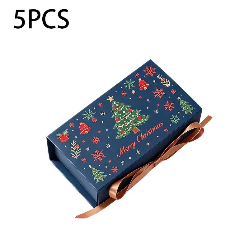 5pcs Christmas Gift Box with Ribbon, Rectangular Gift Box with Christmas Tree and Snowflake Print, Luxury Flip-Top Candy and Cookie Packaging Box, Suitable for Holiday Chocolates, Cookies, and Wedding Small Gifts./green