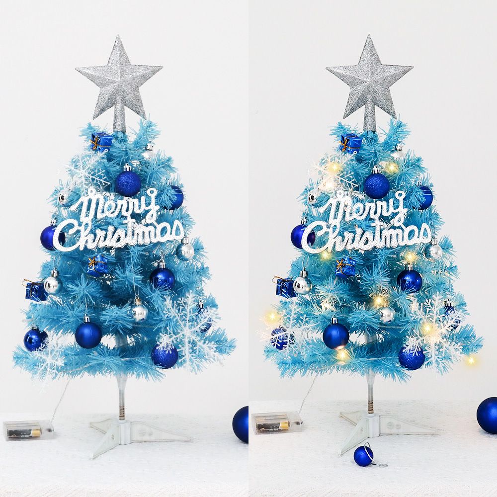 45cm Blue Mini Christmas Tree Set | Includes Star Topper, Letter Sign, Ornament Balls & Snowflake Decorations, Fresh & Dreamy Desktop Holiday Décor (Lighted Version: LED Battery Warm Light Lamp)