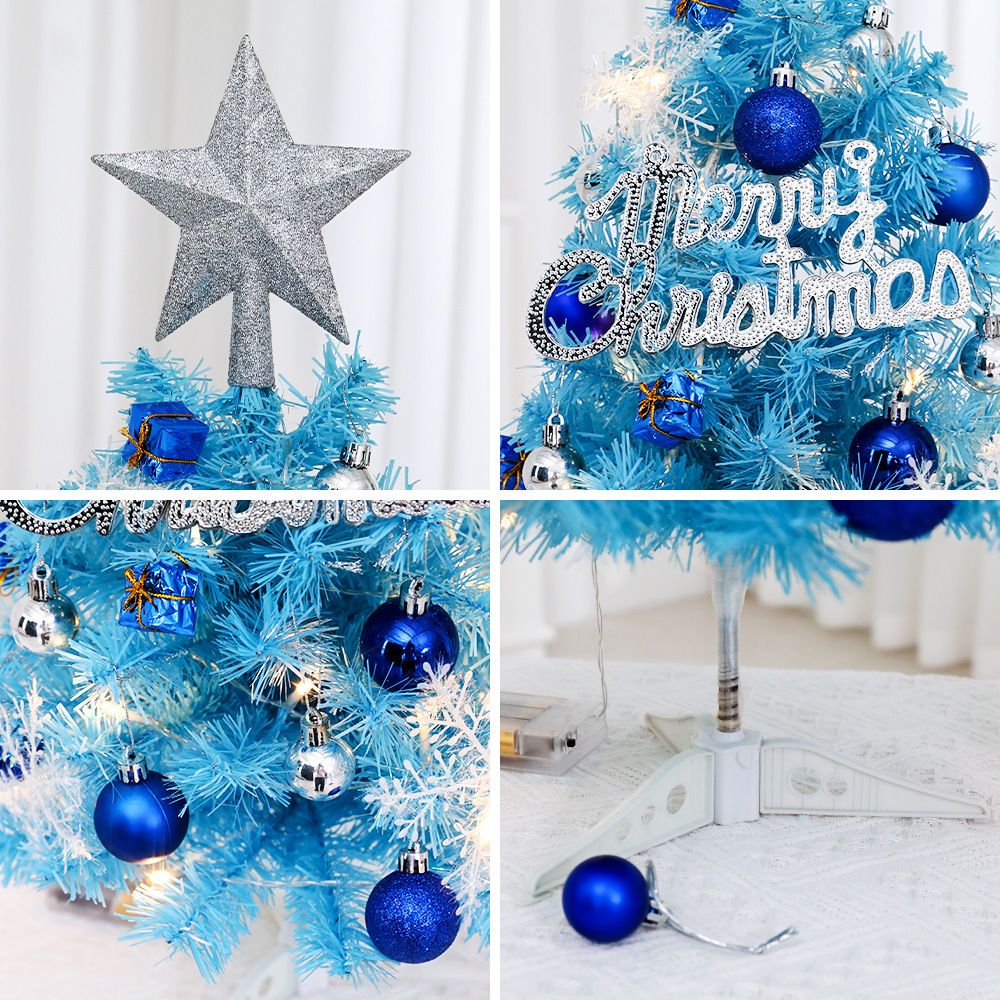 45cm Blue Mini Christmas Tree Set | Includes Star Topper, Letter Sign, Ornament Balls & Snowflake Decorations, Fresh & Dreamy Desktop Holiday Décor (Lighted Version: LED Battery Warm Light Lamp)