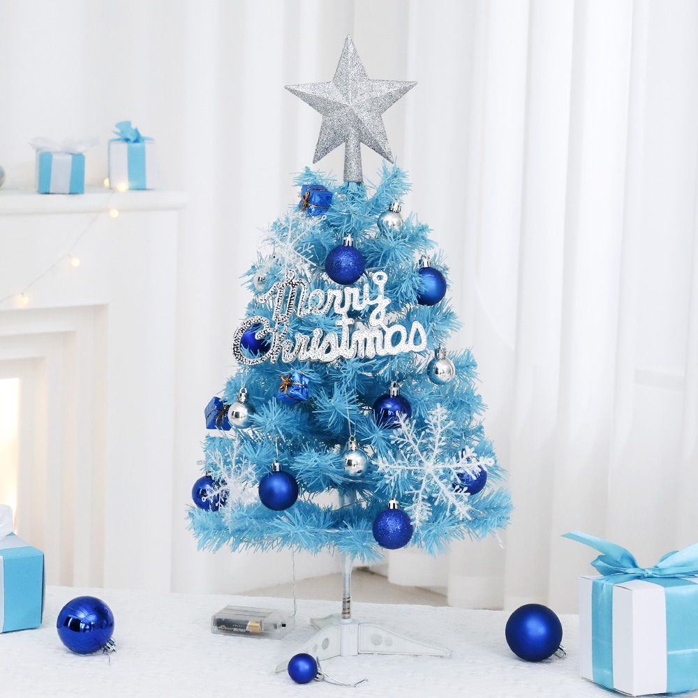 45cm Blue Mini Christmas Tree Set | Includes Star Topper, Letter Sign, Ornament Balls & Snowflake Decorations, Fresh & Dreamy Desktop Holiday Décor (Lighted Version: LED Battery Warm Light Lamp)
