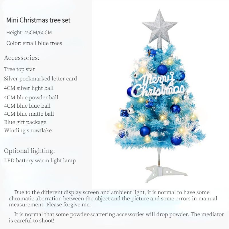 45cm Blue Mini Christmas Tree Set | Includes Star Topper, Letter Sign, Ornament Balls & Snowflake Decorations, Fresh & Dreamy Desktop Holiday Décor (Lighted Version: LED Battery Warm Light Lamp)