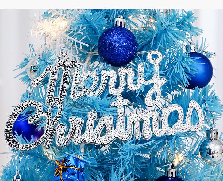 60cm Blue Mini Christmas Tree Set | Includes Star Topper, Letter Sign, Ornament Balls & Snowflake Decorations, Fresh & Dreamy Desktop Holiday Décor (Lighted Version: LED Battery Warm Light Lamp)