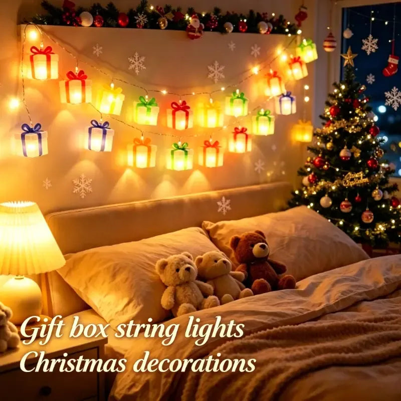 150cm/10-Light Three-Color Gift Box Shaped LED String Light, Battery Box Constant-On Mode, Cozy Home Ambiance Light