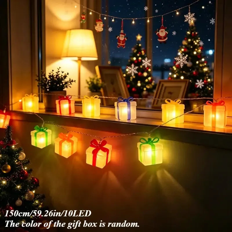 150cm/10-Light Three-Color Gift Box Shaped LED String Light, Battery Box Constant-On Mode, Cozy Home Ambiance Light