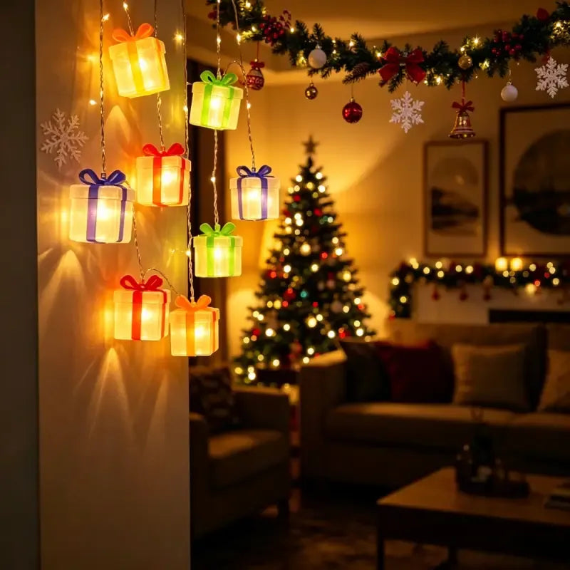 150cm/10-Light Three-Color Gift Box Shaped LED String Light, Battery Box Constant-On Mode, Cozy Home Ambiance Light