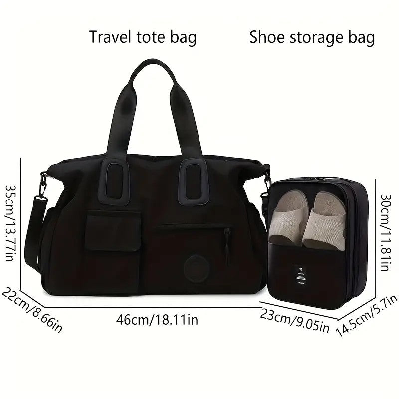 black Large-capacity travel tote bag, lightweight carry-on luggage with shoulder strap, gym bag, portable laptop bag, ideal for short trips, hand-carry style.