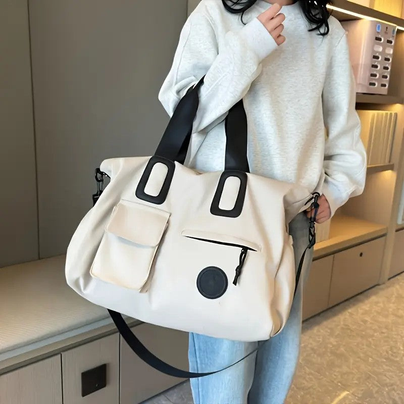 White Large-capacity travel tote bag, lightweight carry-on luggage with shoulder strap, gym bag, portable laptop bag, ideal for short trips, hand-carry style.
