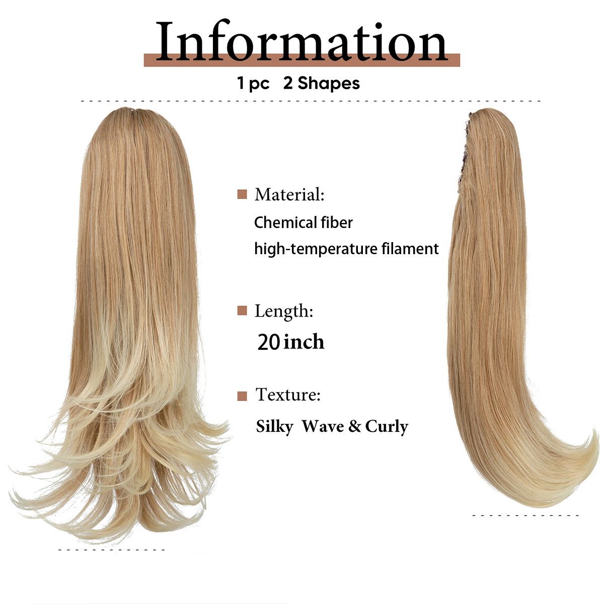 Clip-on Ponytail Hairpiece — Dual-use design, rotate 180° to switch between styles. Made of synthetic fiber, it's easy and quick to wear. Special craftsmanship ensures a natural, realistic look once put on.(colour mixture:12H24)