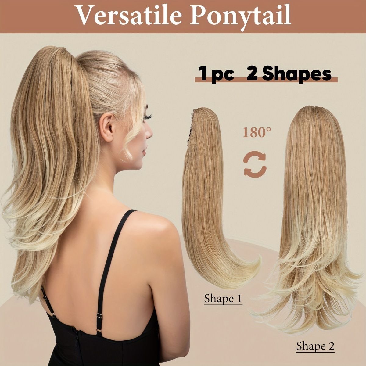 Clip-on Ponytail Hairpiece — Dual-use design, rotate 180° to switch between styles. Made of synthetic fiber, it's easy and quick to wear. Special craftsmanship ensures a natural, realistic look once put on.(colour mixture:1 btgrey)