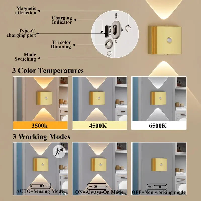 1PCS Induction wall lamp with three-color stepless dimming, 120° auto shut-off, USB rechargeable magnetic installation. Smart motion-sensing LED wall lamp, serving as both a night light and an ambient light./golden