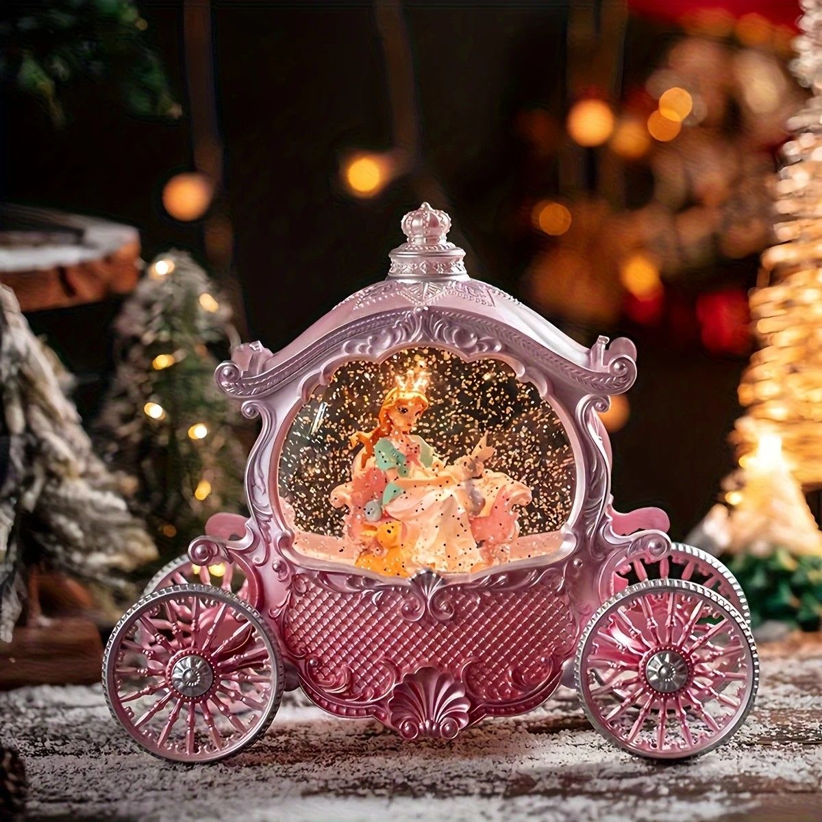 Pink Princess Carriage Music Box Figurine, Snow Globe, Pumpkin Style – Multi-Song, Light-Up Interior, Battery Not Included – Christmas, Valentine’s, Party Decor – Gift for Women & Girls
