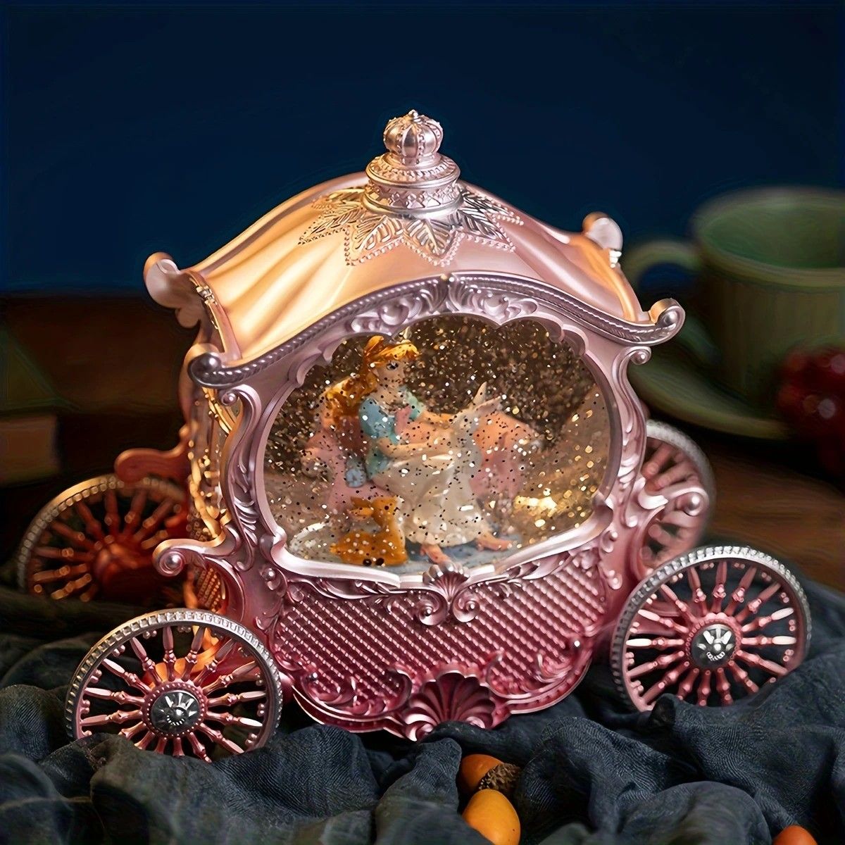 Pink Princess Carriage Music Box Figurine, Snow Globe, Pumpkin Style – Multi-Song, Light-Up Interior, Battery Not Included – Christmas, Valentine’s, Party Decor – Gift for Women & Girls