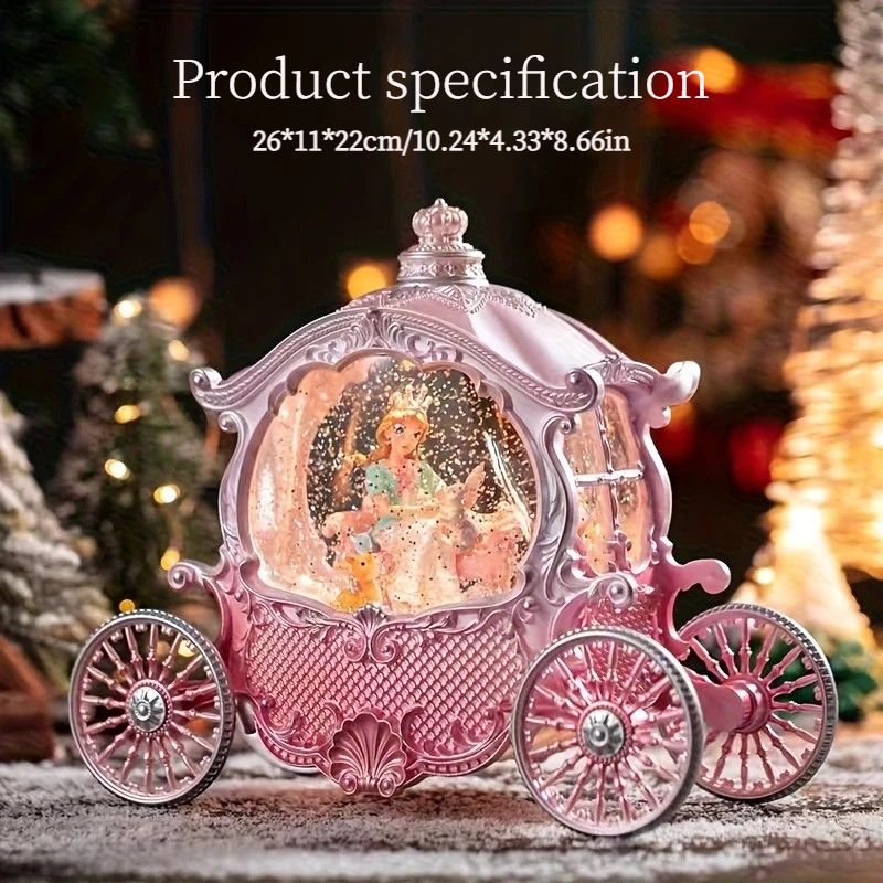 Pink Princess Carriage Music Box Figurine, Snow Globe, Pumpkin Style – Multi-Song, Light-Up Interior, Battery Not Included – Christmas, Valentine’s, Party Decor – Gift for Women & Girls