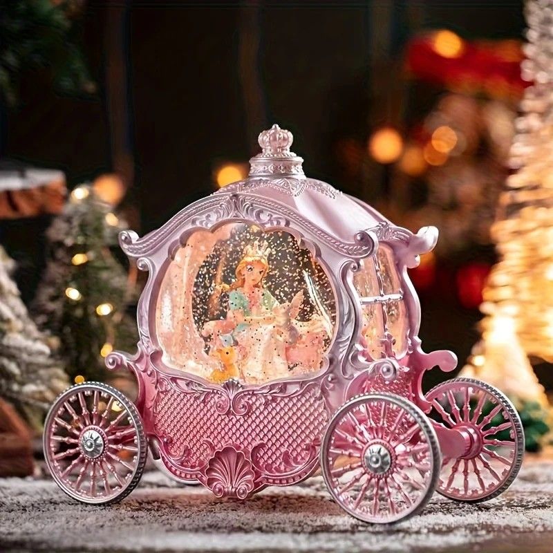 Pink Princess Carriage Music Box Figurine, Snow Globe, Pumpkin Style – Multi-Song, Light-Up Interior, Battery Not Included – Christmas, Valentine’s, Party Decor – Gift for Women & Girls