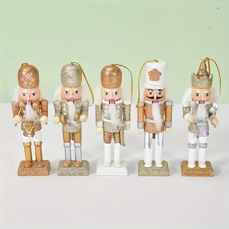 Wooden Nutcracker Soldier 5-Piece Set, white gold glitter finish, approx. 13cm tall, dual-use as Christmas tree ornaments and desktop decorations.