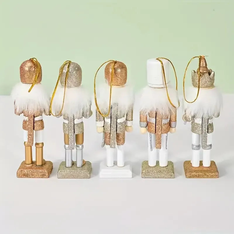 Wooden Nutcracker Soldier 5-Piece Set, white gold glitter finish, approx. 13cm tall, dual-use as Christmas tree ornaments and desktop decorations.