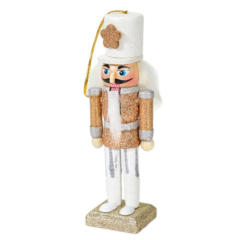 Wooden Nutcracker Soldier 5-Piece Set, white gold glitter finish, approx. 13cm tall, dual-use as Christmas tree ornaments and desktop decorations.