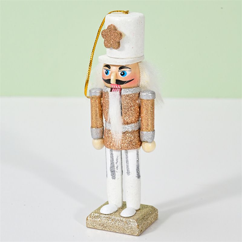 Wooden Nutcracker Soldier 5-Piece Set, white gold glitter finish, approx. 13cm tall, dual-use as Christmas tree ornaments and desktop decorations.