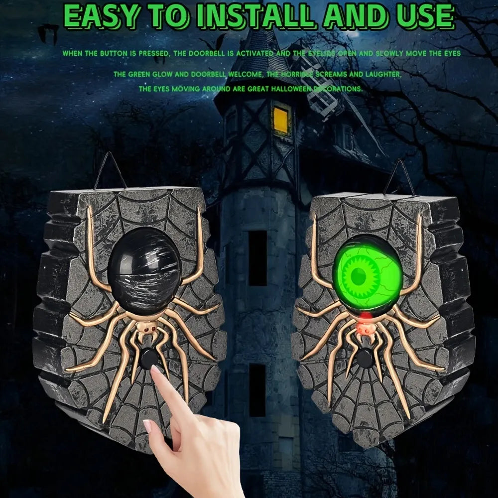 1pc Halloween Horror Prank Doorbell Hanging Ornament with Glowing Effect & Terrifying Scream Sound, Battery Not Included（Spider-green eye）