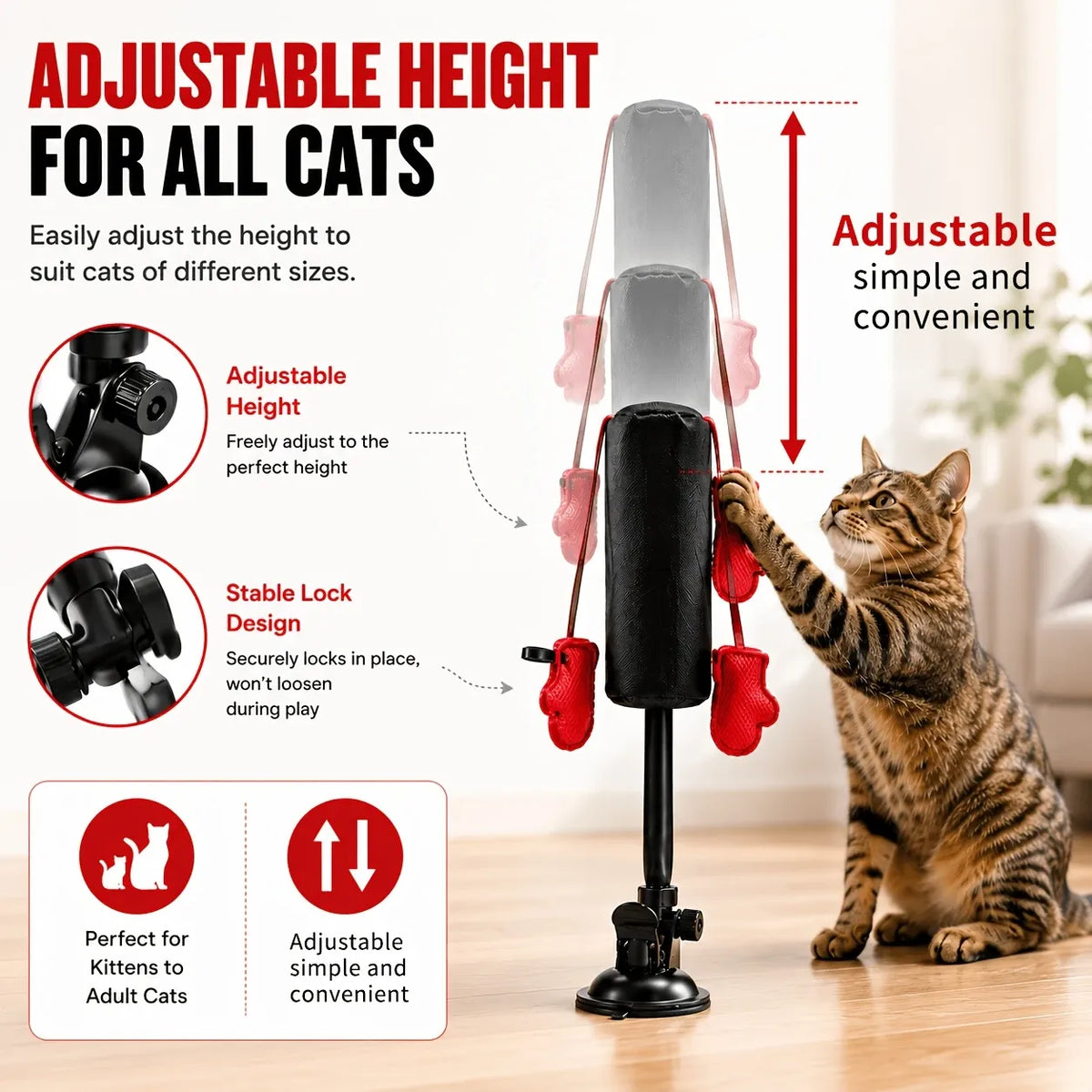 Cat Boxing Toy – Suction Cup Stays Secure, Height Adjustable, Unleash Natural Instincts for Happy Exercise Every Day.