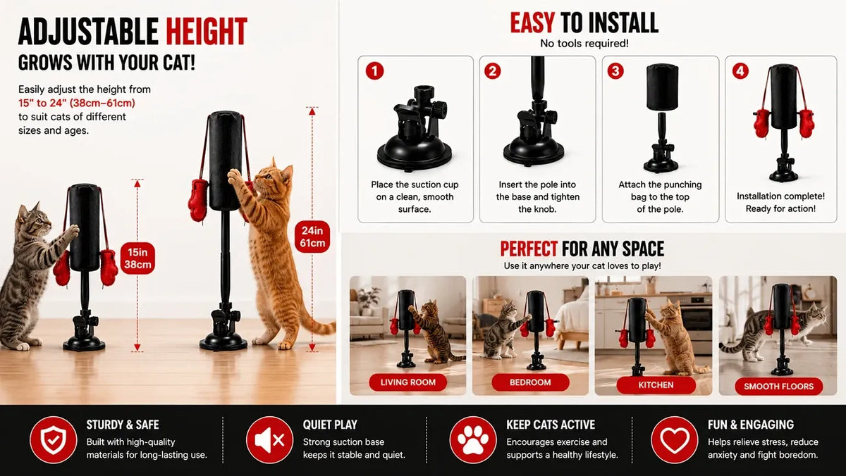Cat Boxing Toy – Suction Cup Stays Secure, Height Adjustable, Unleash Natural Instincts for Happy Exercise Every Day.