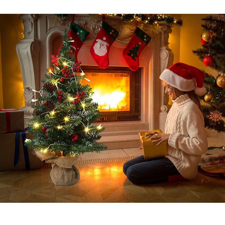 Mini Christmas Tree 45cm, Natural Pinecone Log Base Tabletop Decoration (Warm Light Version)