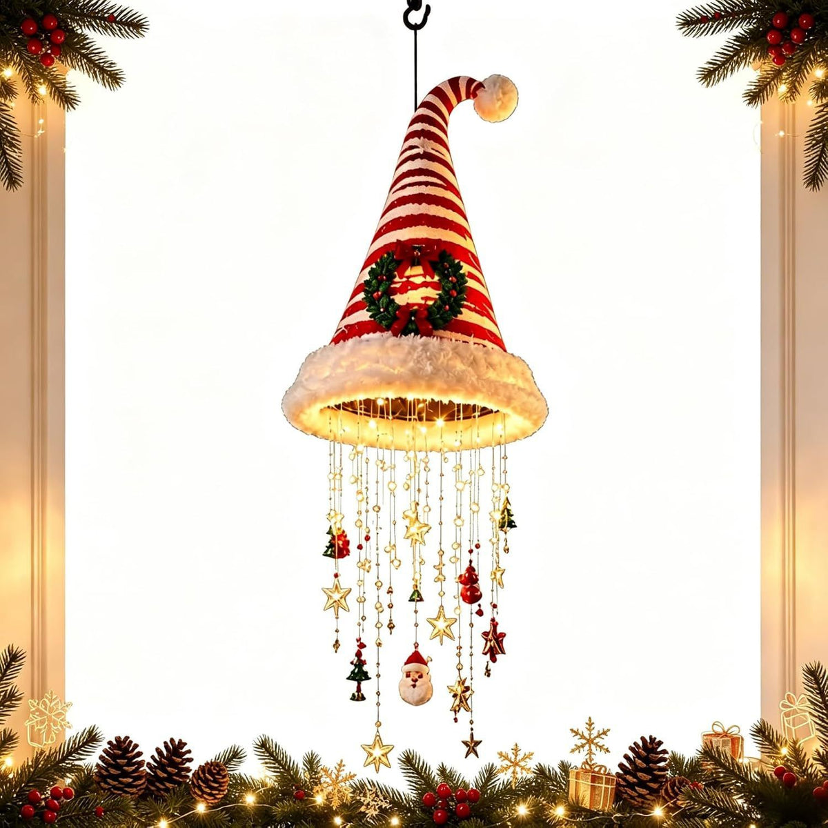 Christmas Hat LED Hanging Light with warm cascading lights & star/snowflake ornaments, powered by 2 AA batteries (not included, please prepare your own), includes hanging string, maximum Christmas vibes! (Striped Wreath Style)