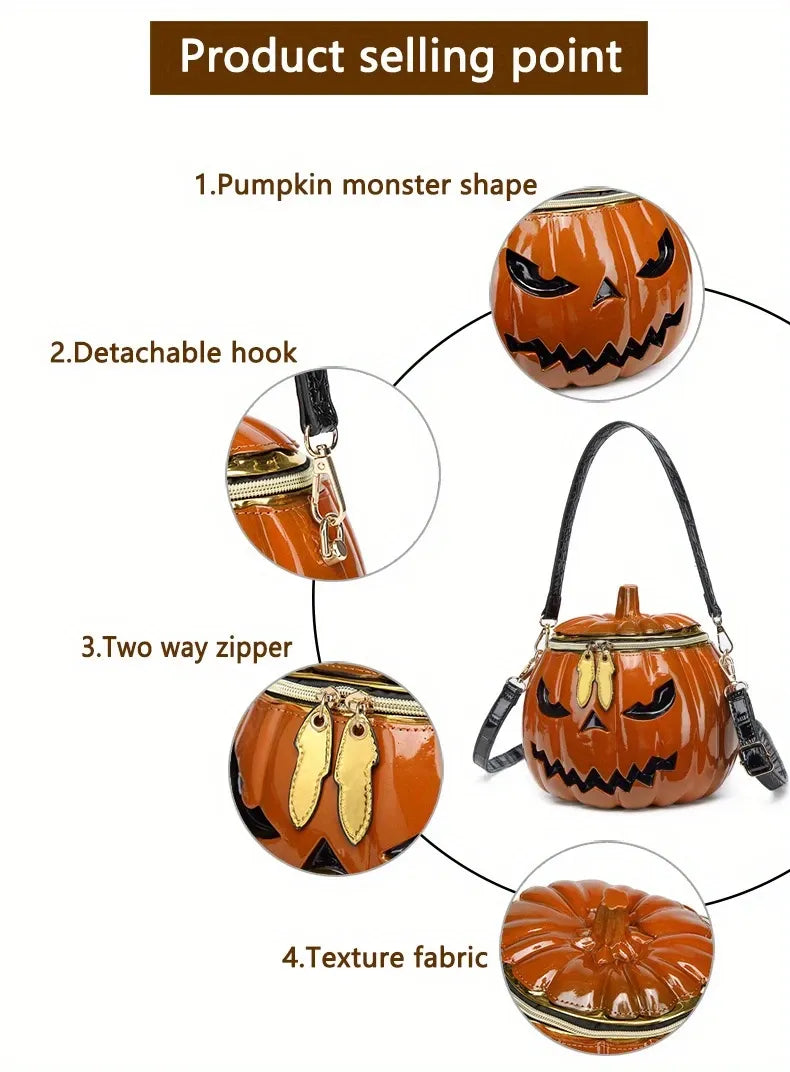 Halloween Upgraded Fun Pumpkin Bag, Dual-Strap Design, PU Material, Medium-Large Capacity, Party Essential./BLACK