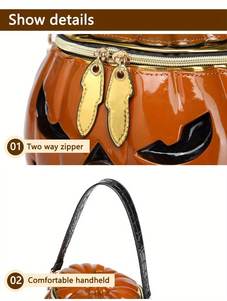 Halloween Upgraded Fun Pumpkin Bag, Dual-Strap Design, PU Material, Medium-Large Capacity, Party Essential./BLACK