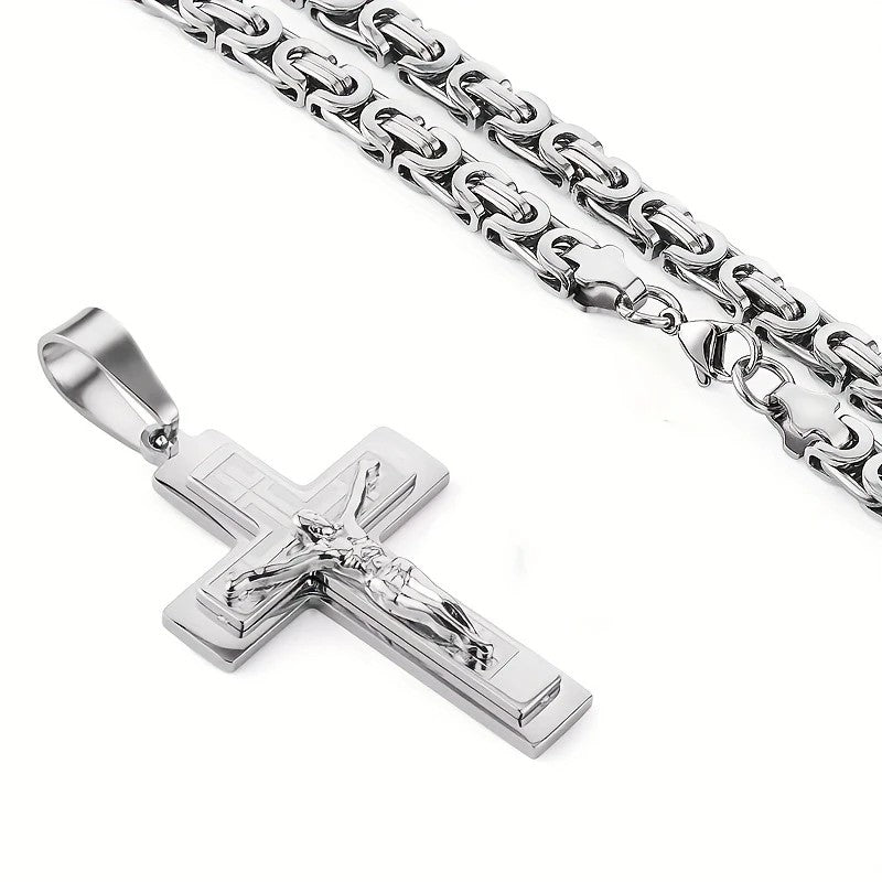 Trendy Gold-Plated Cross Men's Pendant, paired with a Cuban chain—a bold, personal expression of faith.silver