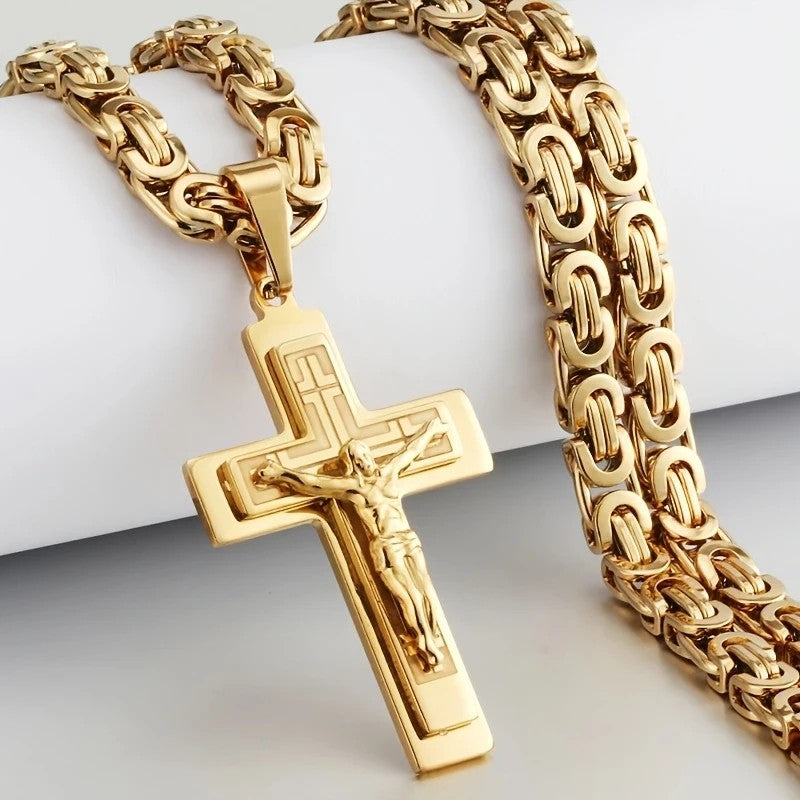 Trendy Gold-Plated Cross Men's Pendant, paired with a Cuban chain—a bold, personal expression of faith.silver
