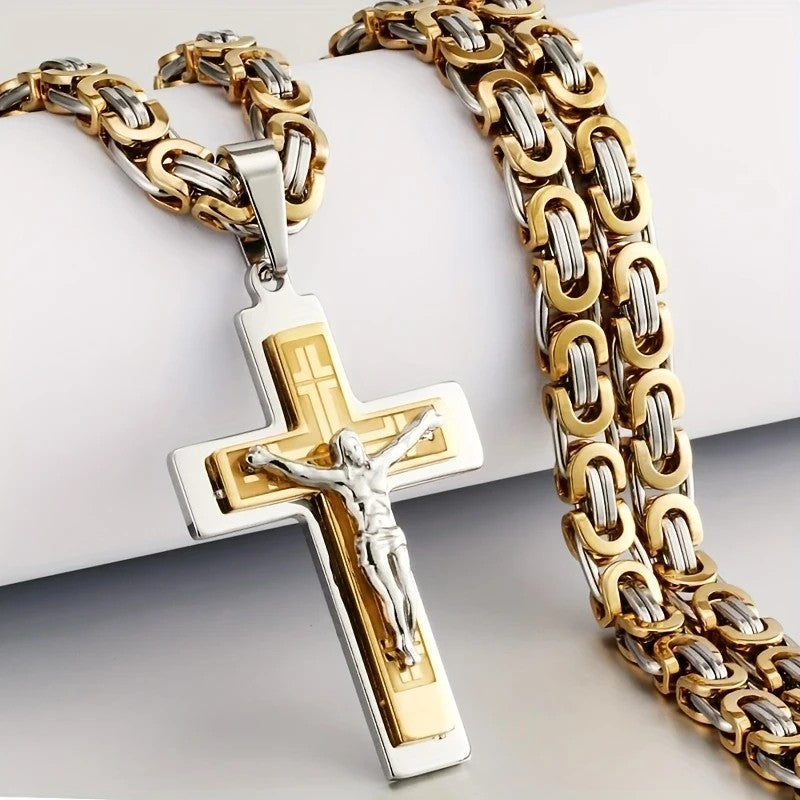 Trendy Gold-Plated Cross Men's Pendant, paired with a Cuban chain—a bold, personal expression of faith.silver