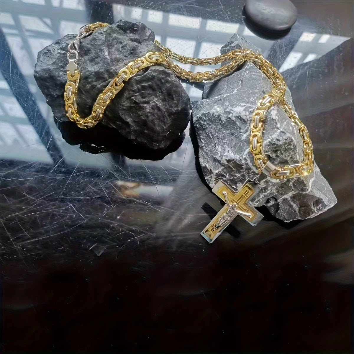 Trendy Gold-Plated Cross Men's Pendant, paired with a Cuban chain—a bold, personal expression of faith.silver