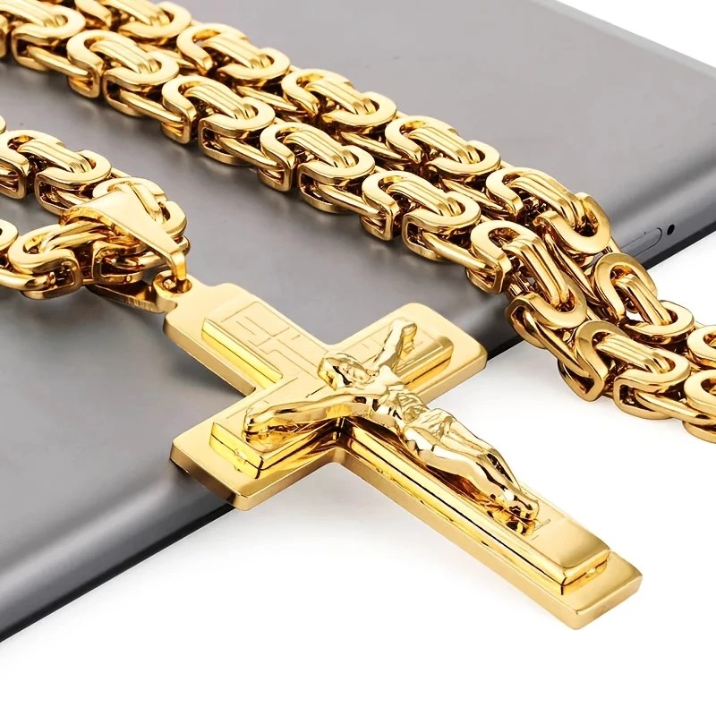 Trendy Gold-Plated Cross Men's Pendant, paired with a Cuban chain—a bold, personal expression of faith.silver