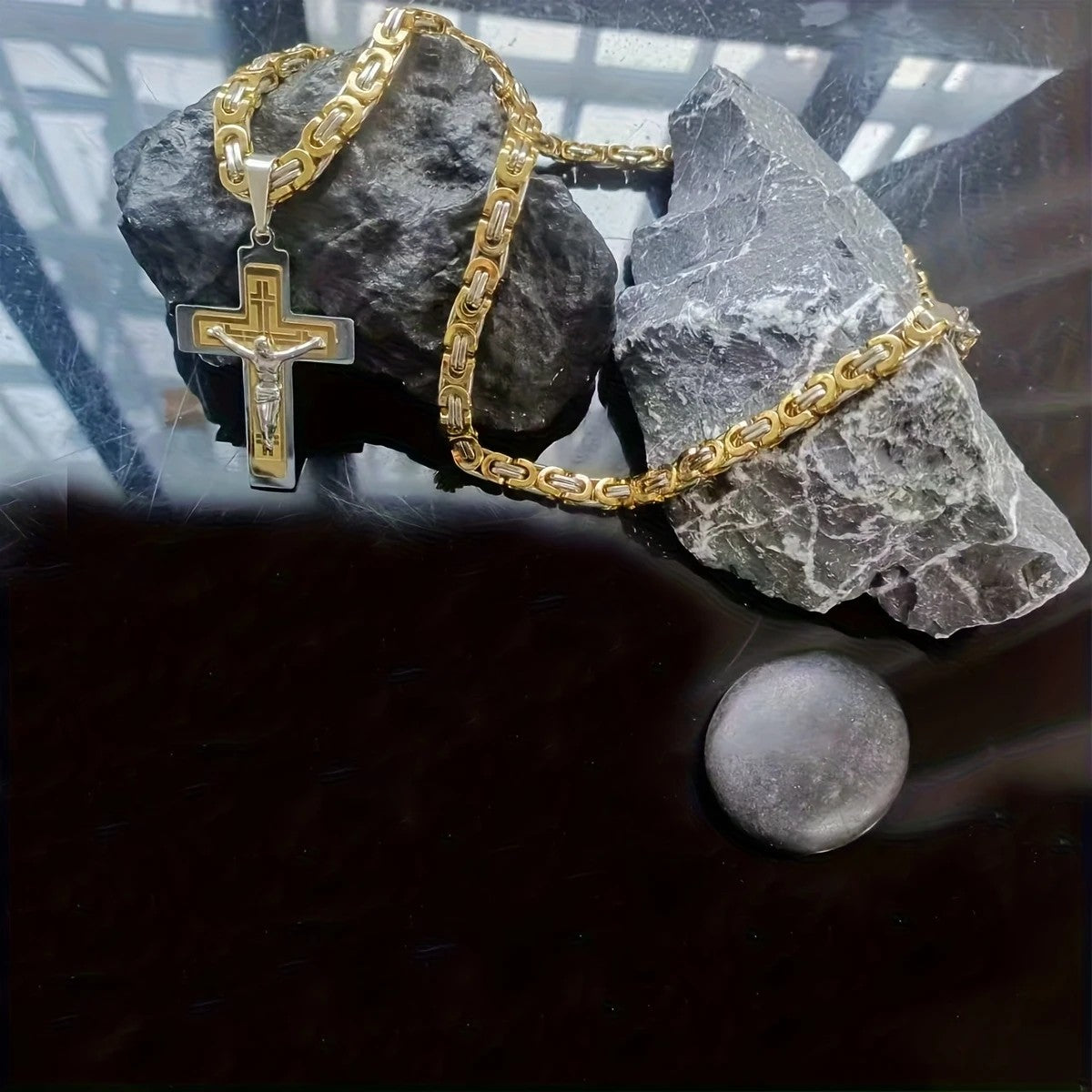 golden Trendy Gold-Plated Cross Men's Pendant, paired with a Cuban chain—a bold, personal expression of faith.