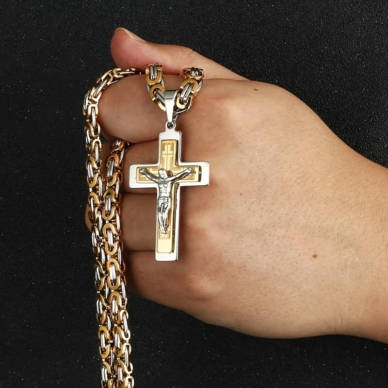 golden Trendy Gold-Plated Cross Men's Pendant, paired with a Cuban chain—a bold, personal expression of faith.