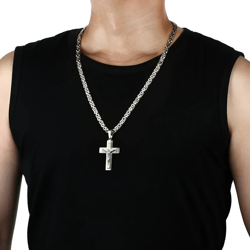 Trendy Gold-Plated Cross Men's Pendant, paired with a Cuban chain—a bold, personal expression of faith.（Gold+silver）