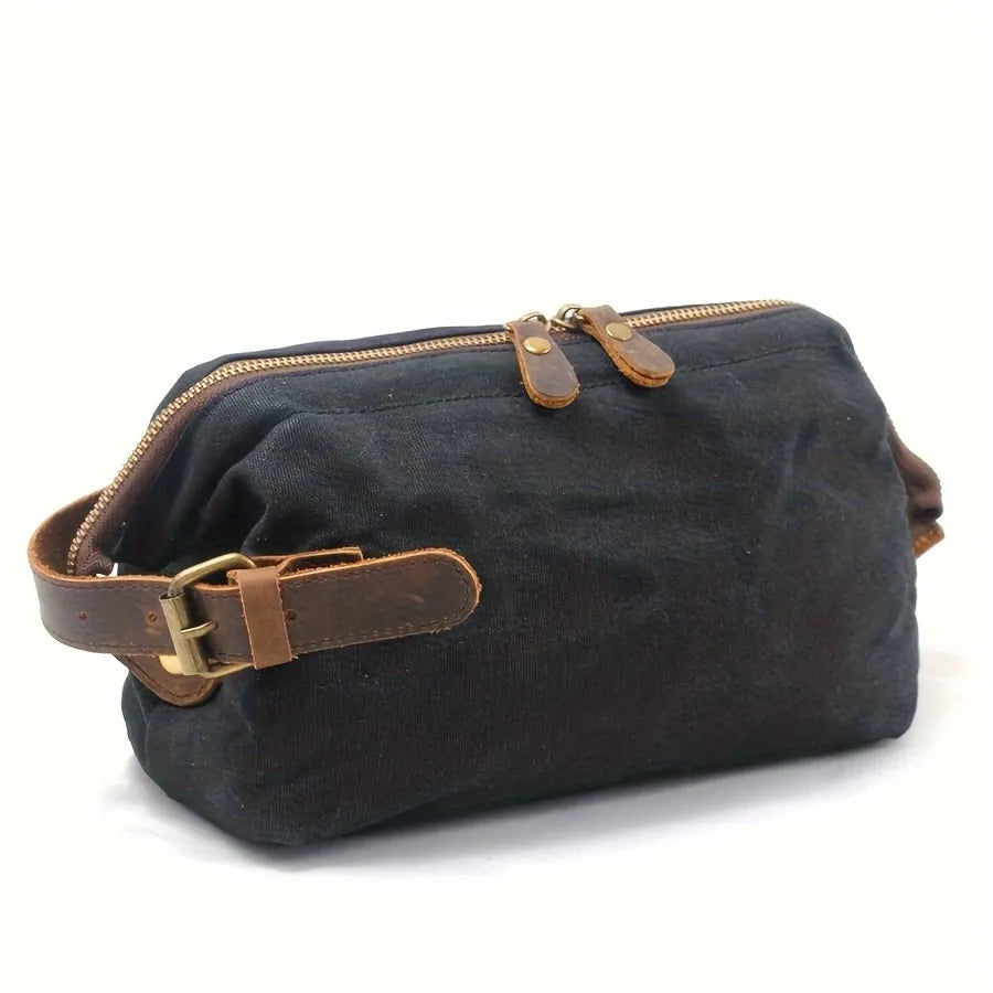 Vintage Waxed Canvas & Cowhide Cylinder Bag, Dopp Kit with Dual Zippers, Commute Travel Crossbody.(black)